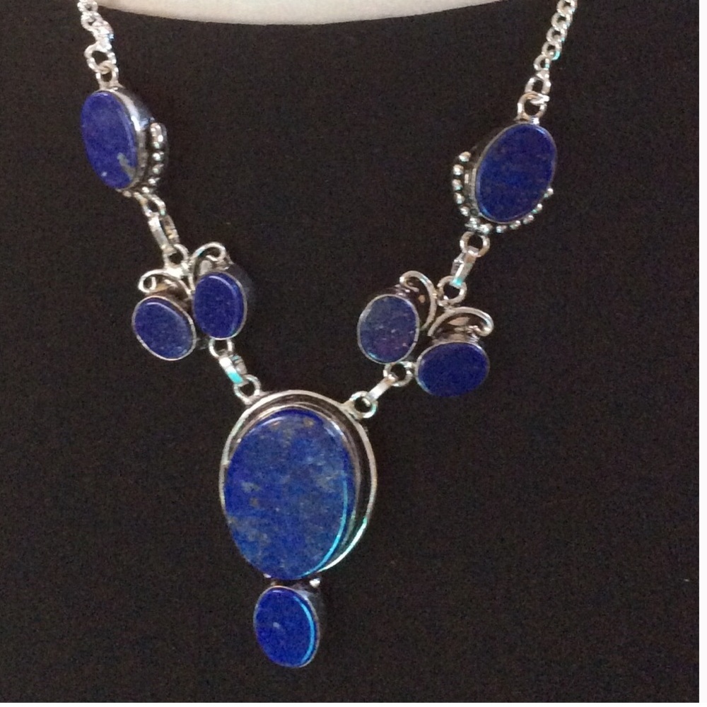925 Sterling Silver Lapis Lazuli Ethnic Necklace 18”